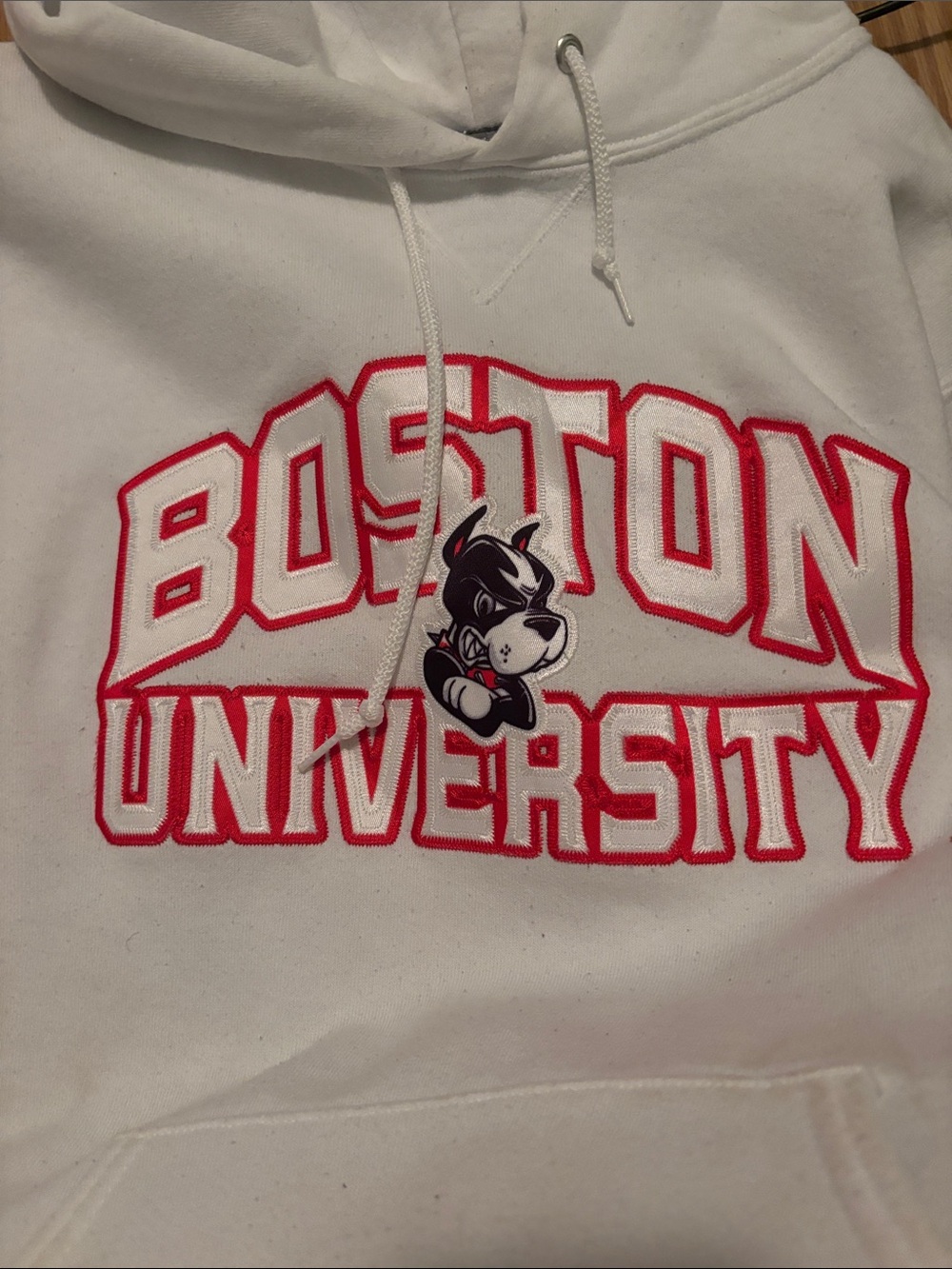Russell Athletic White Hoodie with Red Boston University Logo
